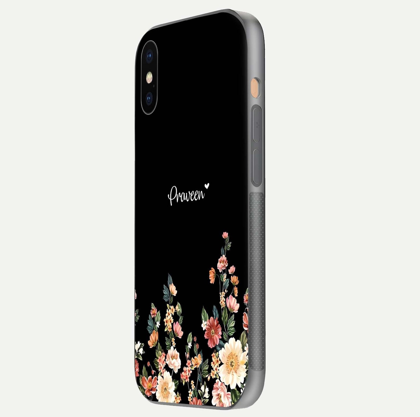 Floral Design Personalized Custom Name Glass Case for iPhone Xs side-angle image showing name alignment and gloss shine