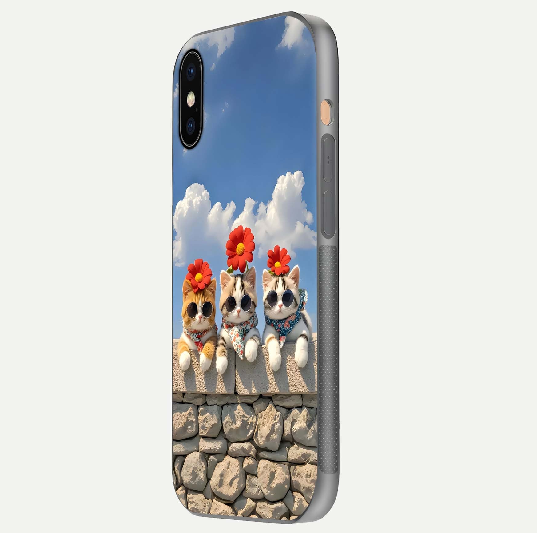 Floral Kitty Squad Glass Case for iPhone Xs side-angle photo showing reflection glow and polished surface