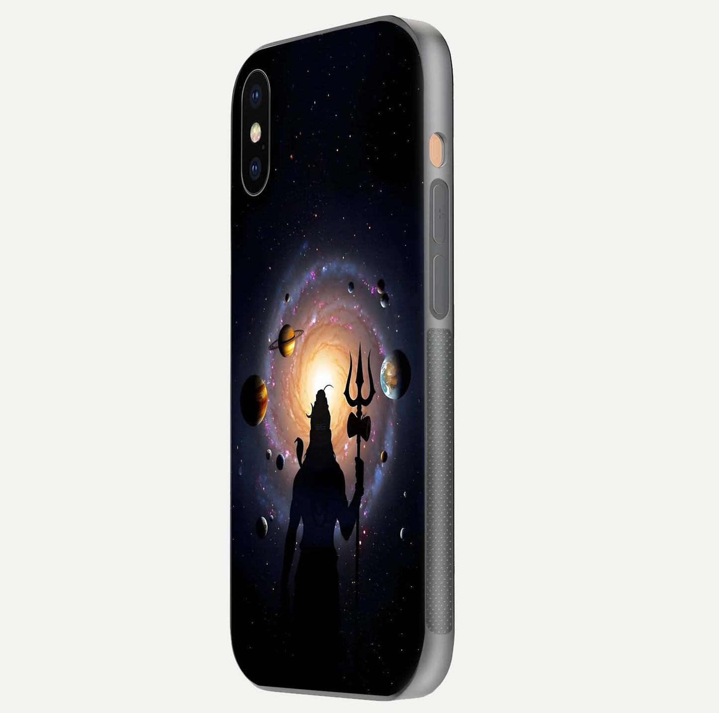 Galactic Shiva Vision Glass Case for iPhone Xs side-angle image showing light reflection, glass edges, and spiritual cosmic theme