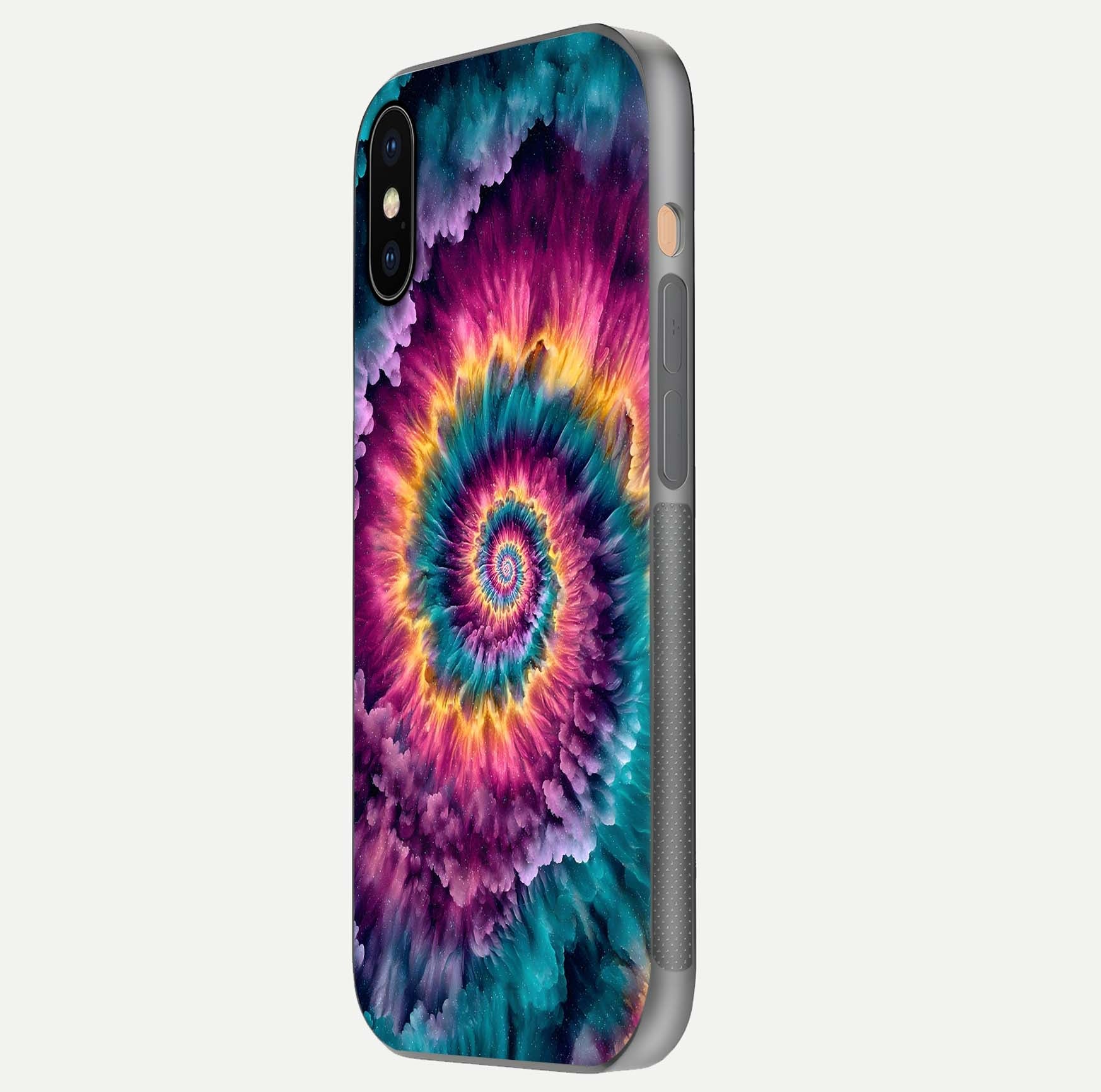 Galactic Spiral Burst Glass Case for iPhone Xs side-angle image showing reflection clarity and vivid galactic texture
