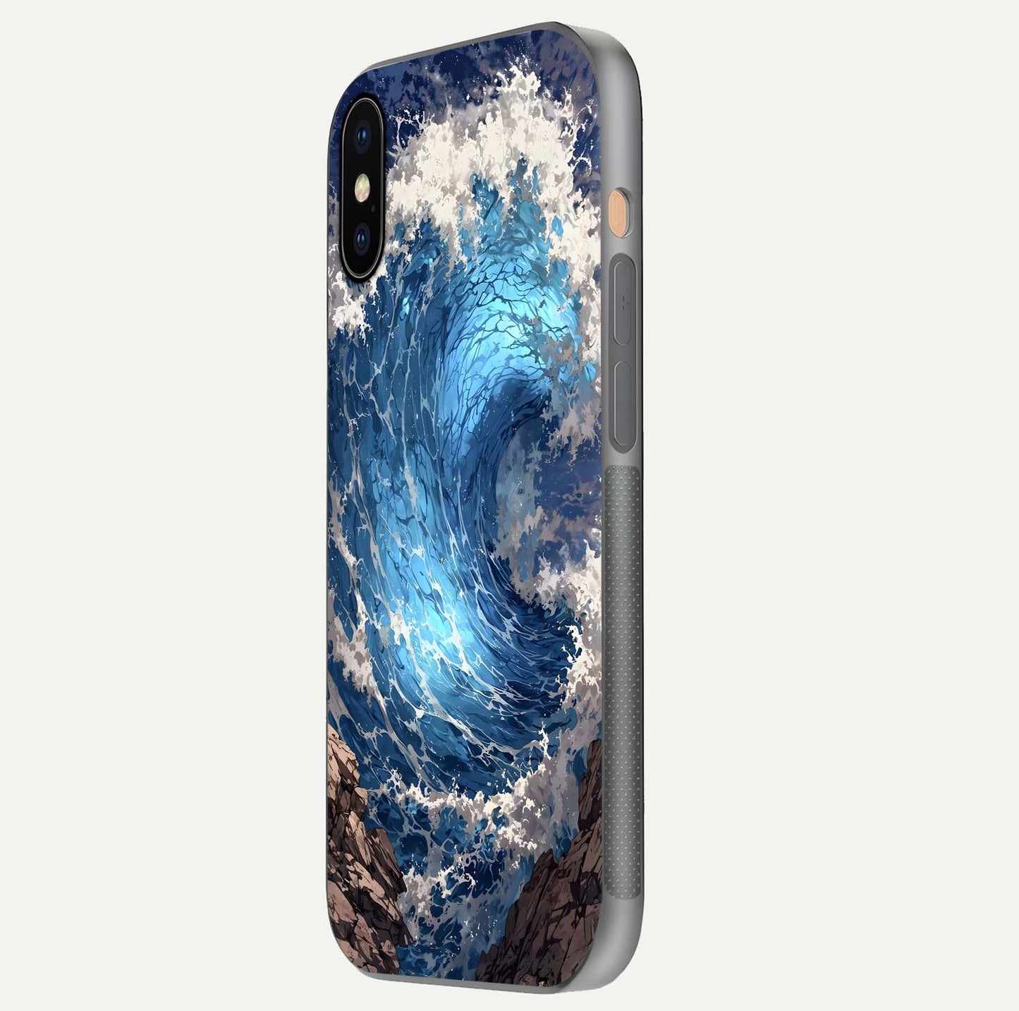 Giant Ocean Wave Glass Case for iPhone Xs side-angle image showing light reflection and ocean detail