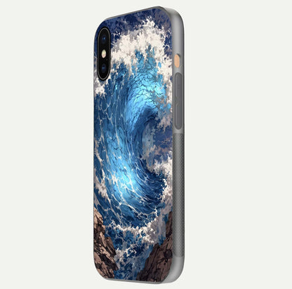 Giant Ocean Wave Glass Case for iPhone Xs side-angle image showing light reflection and ocean detail