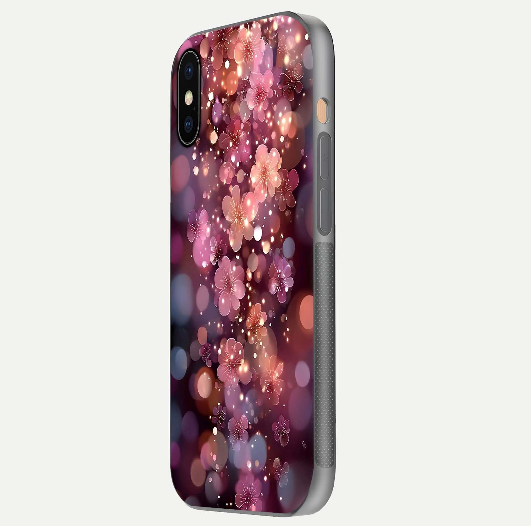 Glowing Petal Bliss Glass Case for iPhone Xs side-angle image showing light reflection and soft floral texture