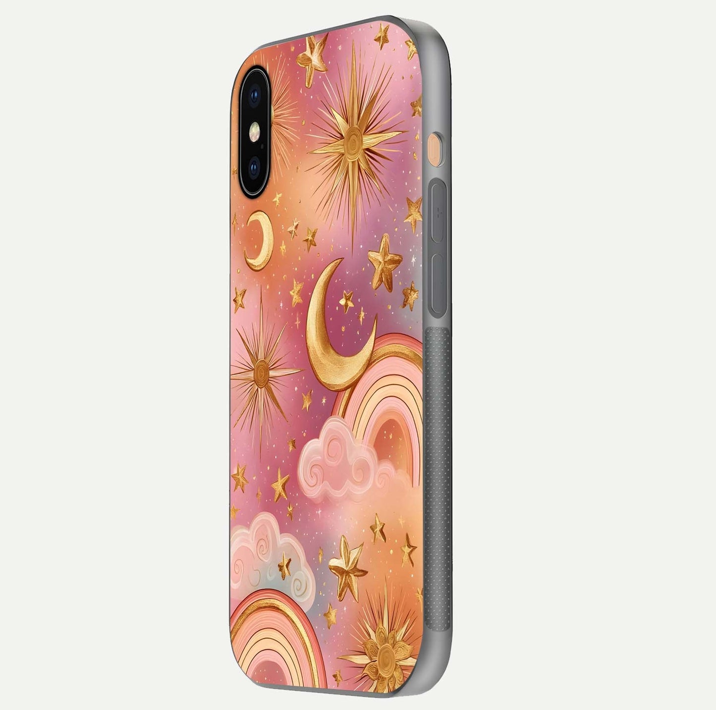 Golden Celestial Dreams Glass Case for iPhone Xs side-angle image capturing reflection brightness and starry detail