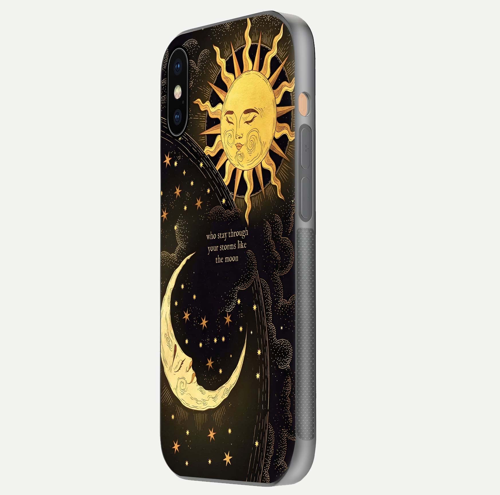 Golden Lunar Love Glass Case for iPhone Xs side-angle image showing reflection brilliance and smooth golden tone