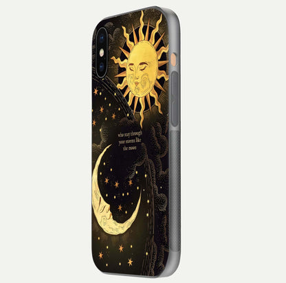 Golden Lunar Love Glass Case for iPhone Xs side-angle image showing reflection brilliance and smooth golden tone