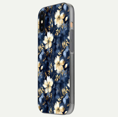 Golden Midnight Bloom Glass Case for iPhone Xs side-angle image showing shine depth and elegant edge design