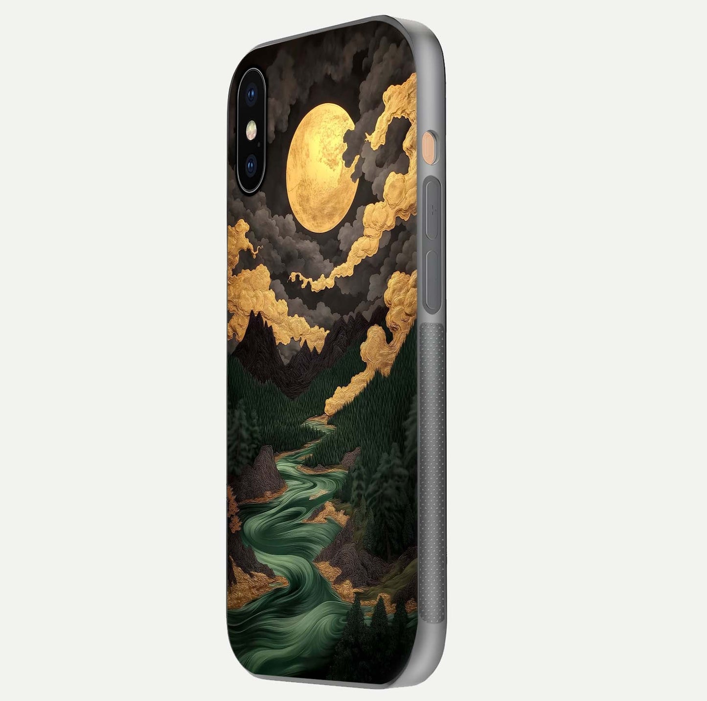 Golden River Moon Glass Case for iPhone Xs side-angle image showing reflection clarity and detailed nightscape