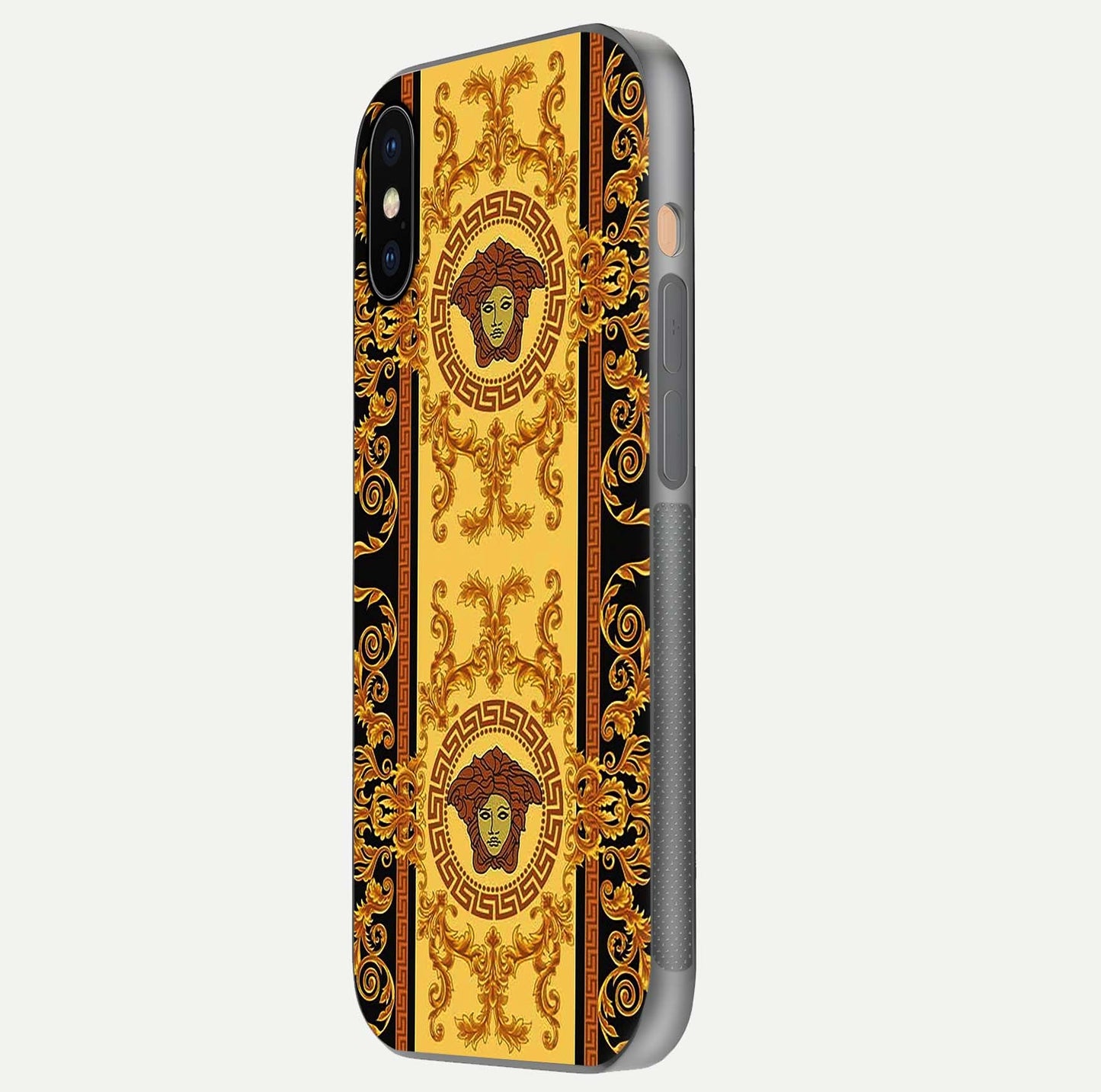 Golden Royal Heritage Glass Case for iPhone Xs side-angle image showing reflection glow and luxury detailing