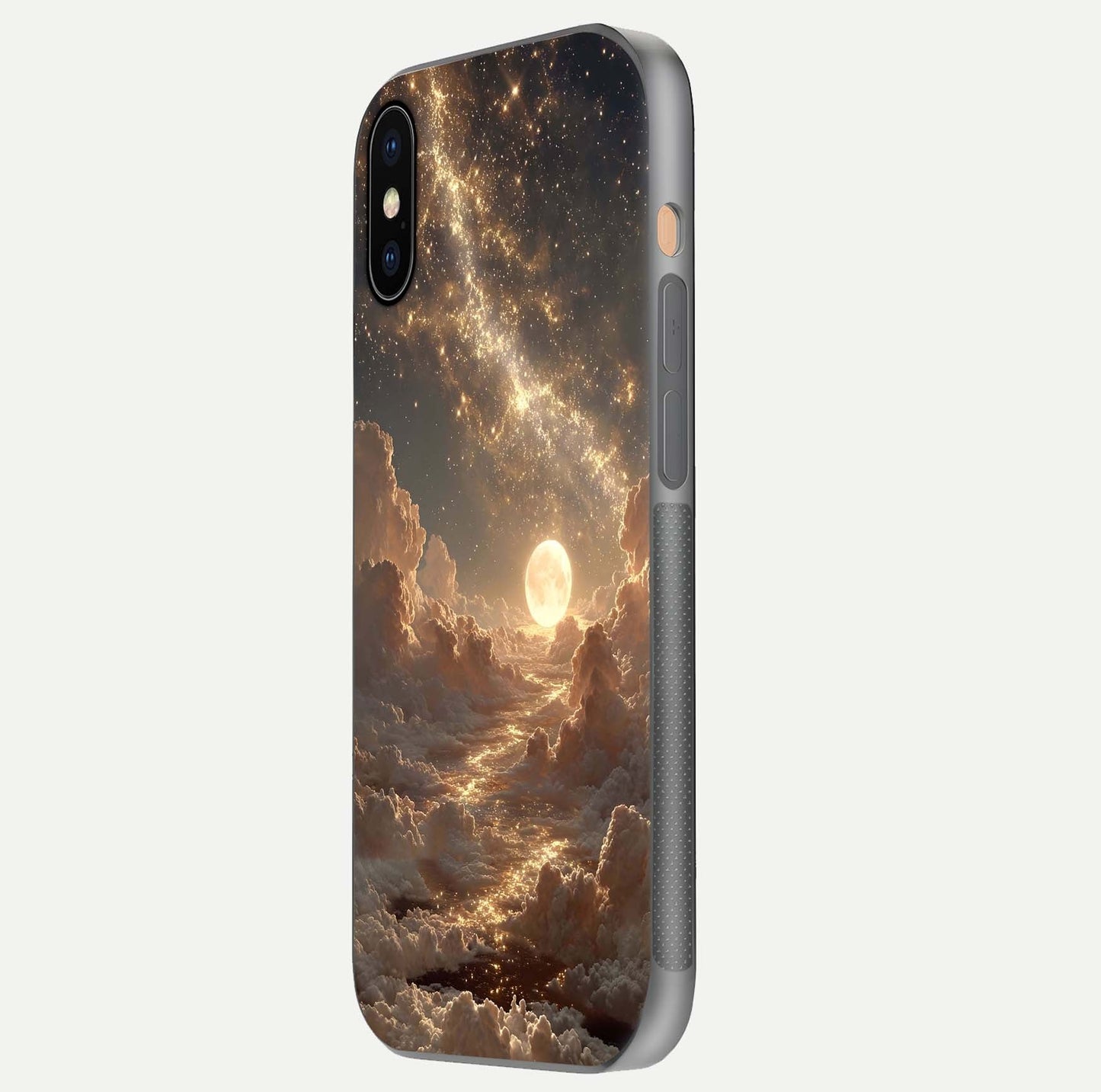 Golden Sky Dream Glass Case for iPhone Xs side-angle image showing reflection shine and smooth surface