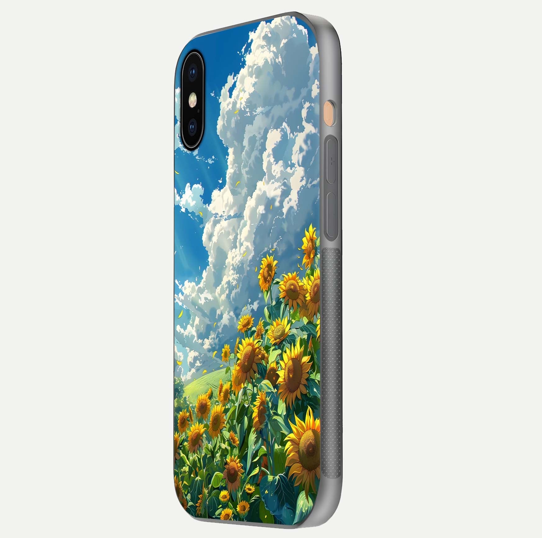 Golden Sun Glory Glass Case for iPhone Xs side-angle image showing reflection glow and luminous texture