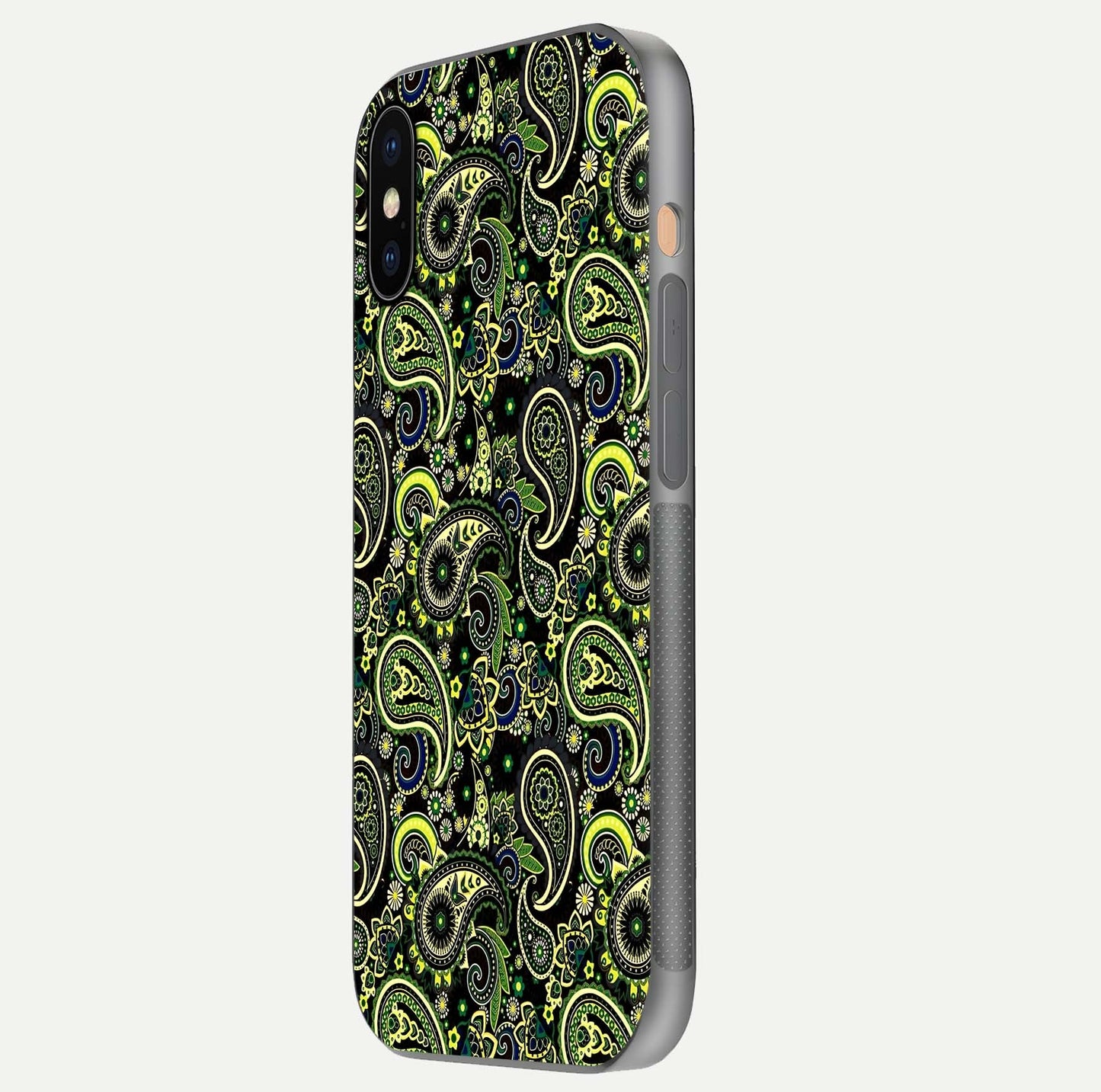 Green Mandala Pattern Glass Case for iPhone Xs side-angle image showing reflection clarity and detailed pattern lines