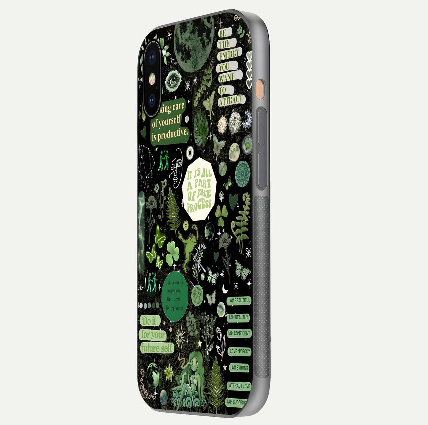 Green Moon Energy Glass Case for iPhone Xs side-angle image showing reflection brilliance and curved finish