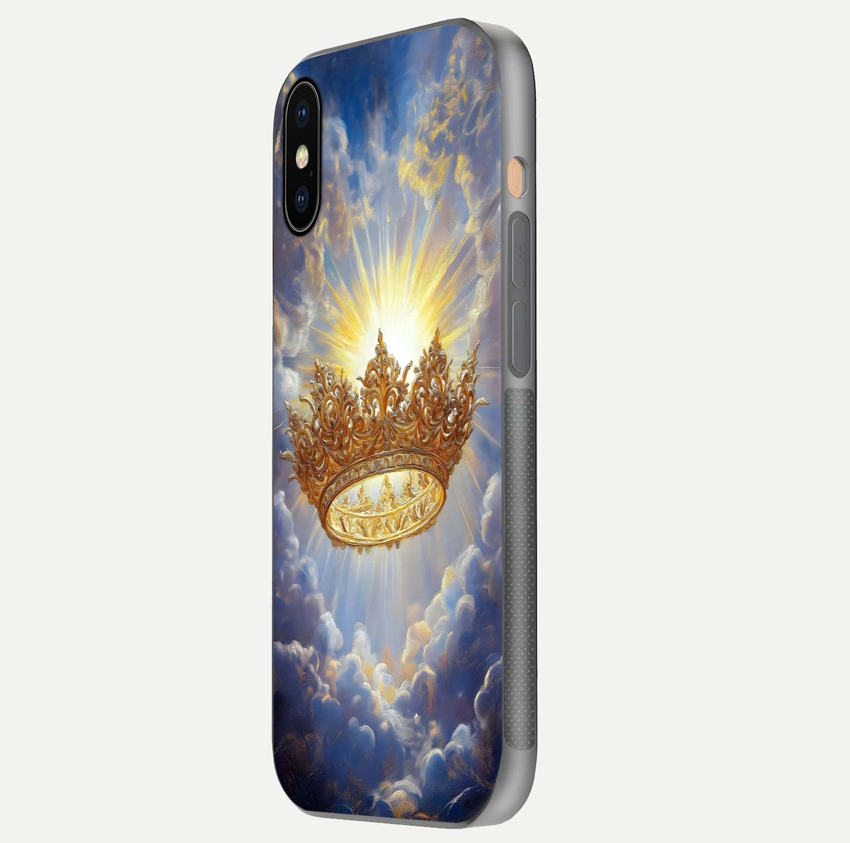 Heavenly Crown Light Glass Case for iPhone Xs side-angle image showing reflection brilliance and elegant divine art