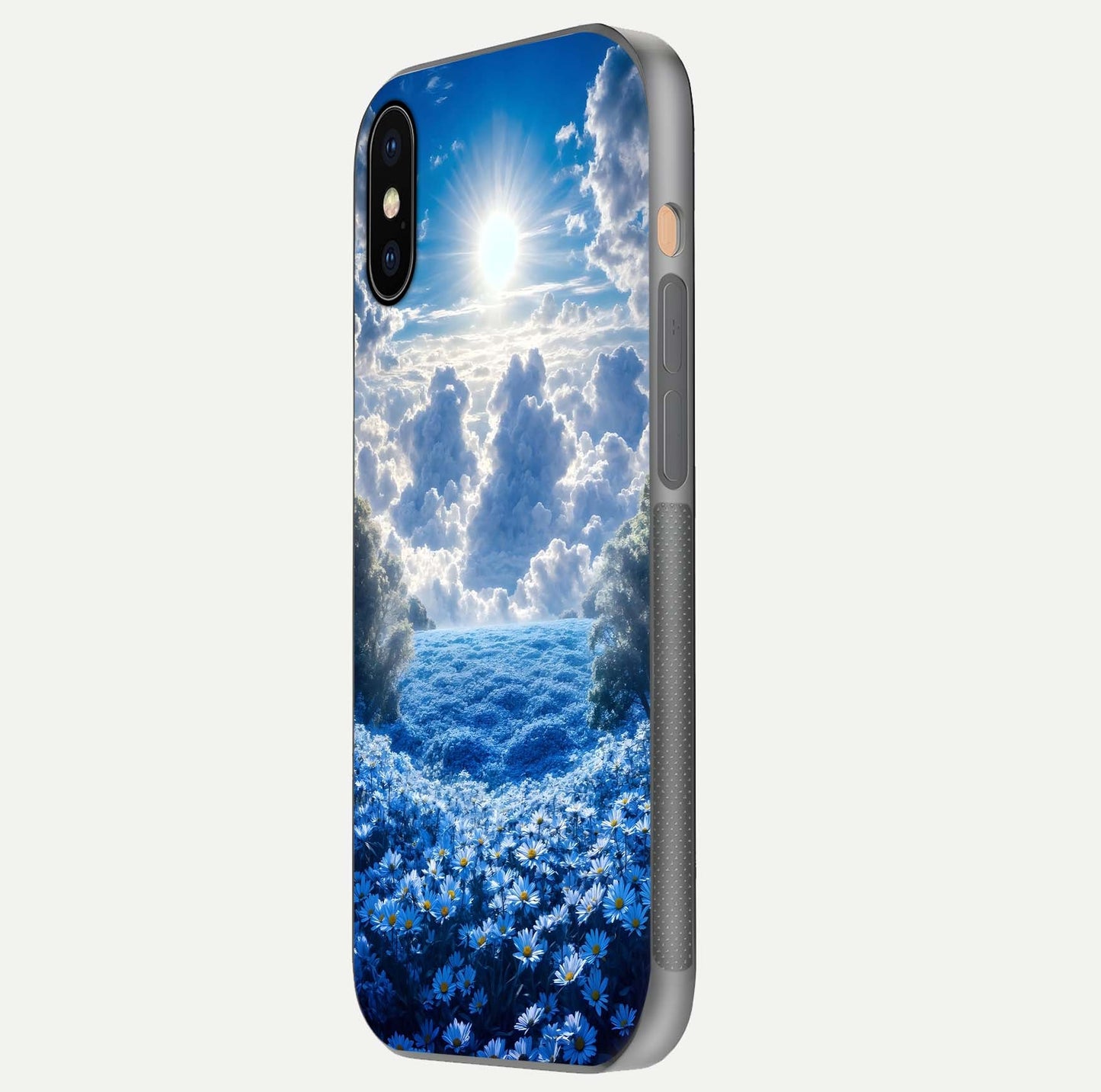 Heavenly Daisy Horizon Glass Case for iPhone Xs side-angle image showing reflection depth and floral glow