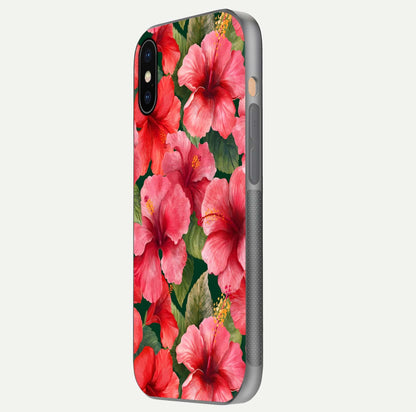 Hibiscus Pattern Glass Case for iPhone Xs side-angle image showing reflection brightness and floral detailing