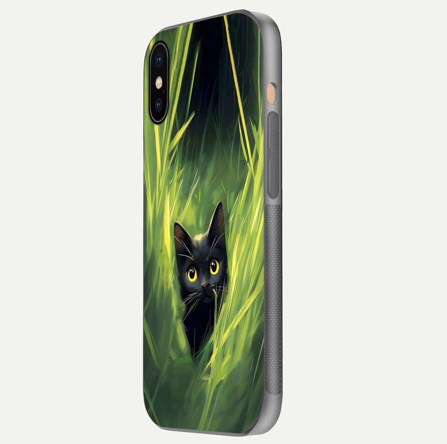Hidden Cat Whisper Glass Case for iPhone Xs side-angle image showing reflection glow and subtle artistic texture