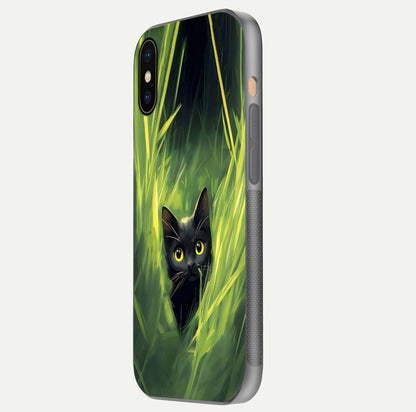 Hidden Cat Whisper Glass Case for iPhone Xs side-angle image showing reflection glow and subtle artistic texture