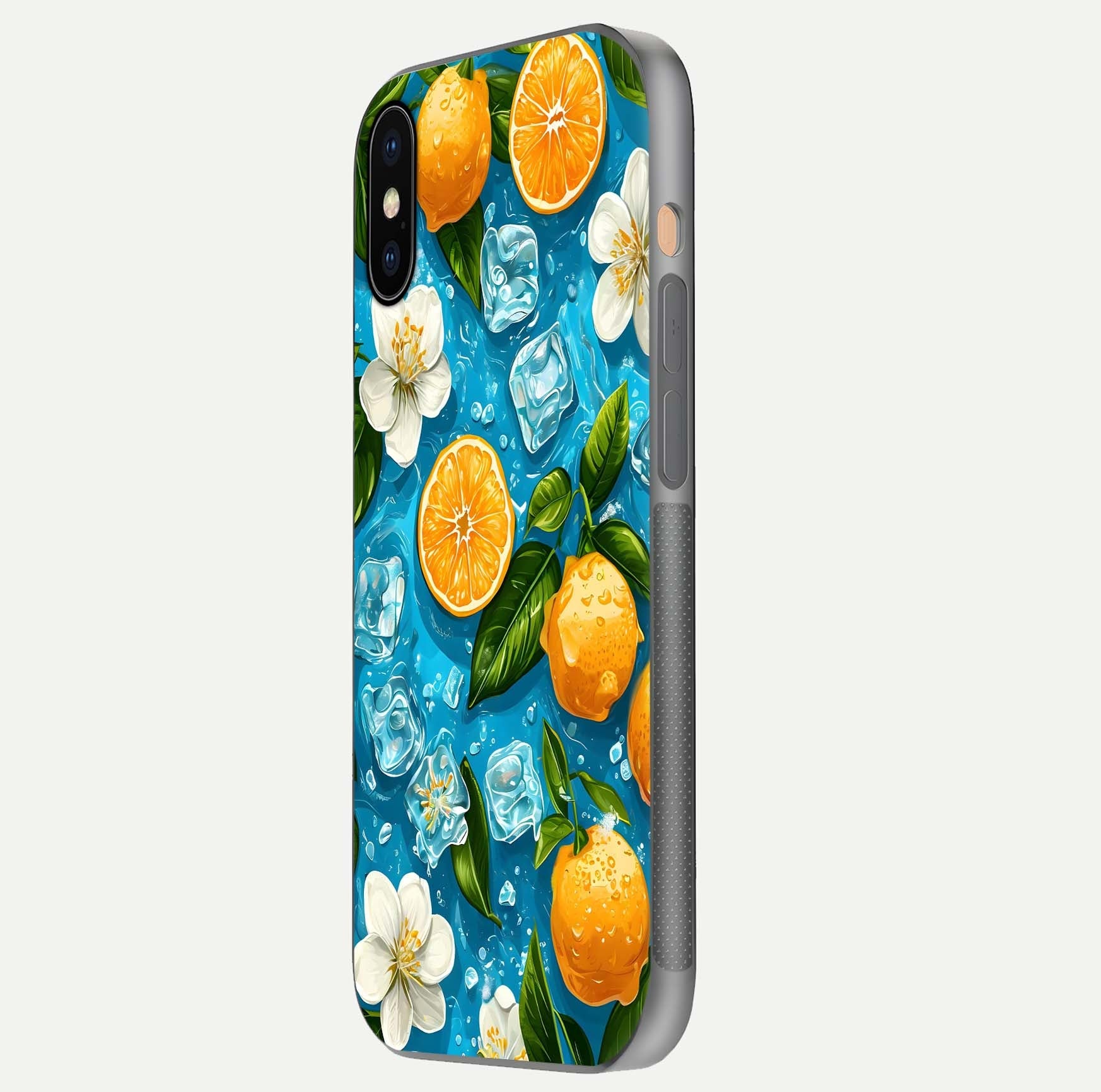Ice Cube With Orange Glass Case for iPhone Xs side-angle image showing reflection brightness and juicy pattern detail
