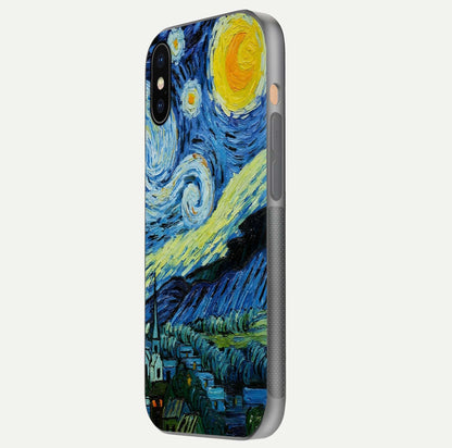 Inspired Van Gogh Art Glass Case for iPhone Xs side-angle image showing reflection brilliance and painted surface look