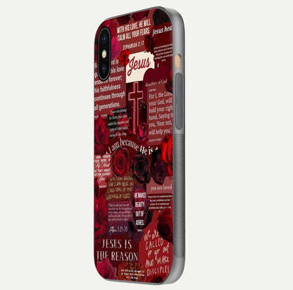 Jesus Love Heals Glass Case for iPhone Xs side-angle image highlighting gloss depth and spiritual aura