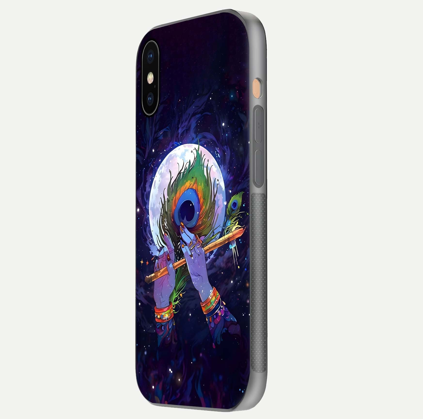 Krishna Hands Art Glass Case for iPhone Xs side-angle image highlighting reflection brightness and vivid print