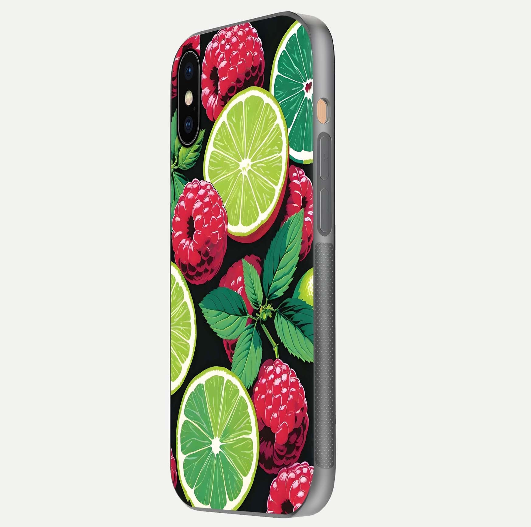 Lime and Raspberry Pattern Glass Case for iPhone Xs side-angle view revealing colorful fruit artwork details