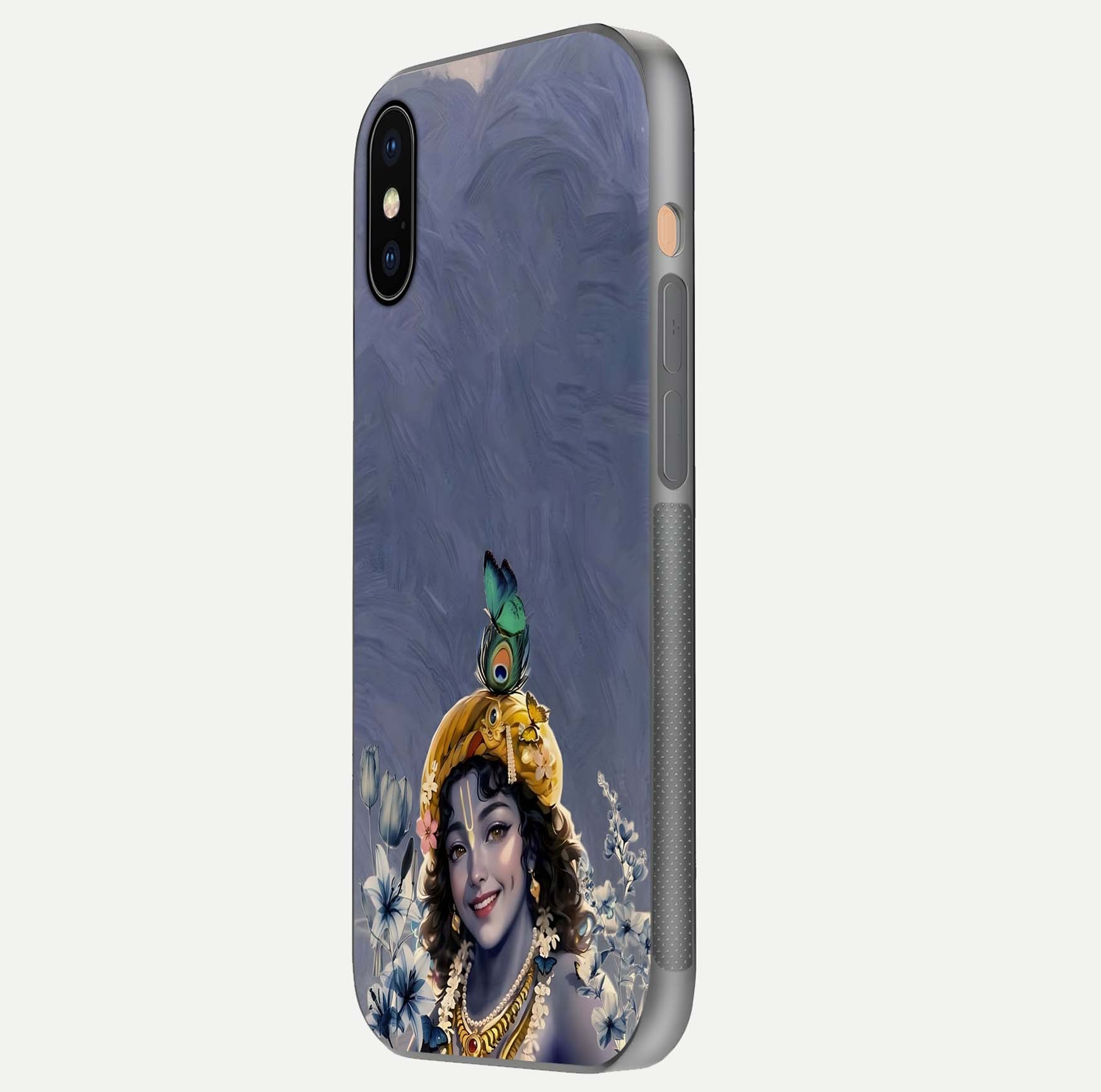 Lord Krishna Glass Case for iPhone Xs side-angle image emphasizing premium reflection and sacred motif
