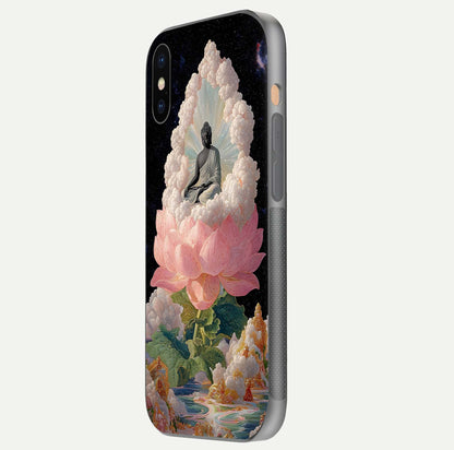 Lotus Divine Peace Glass Case for iPhone Xs side-angle shot showing elegant shine and floral symmetry