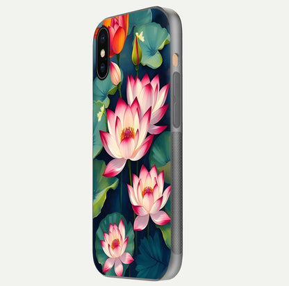 Lotus Dream Serenity Glass Case for iPhone Xs side-angle image revealing reflection clarity and calm tones