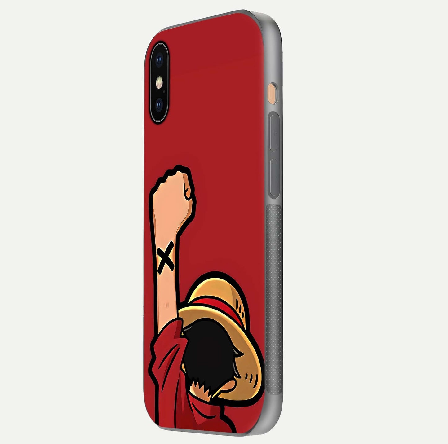 Luffy X Spirit Glass Case for iPhone Xs side-angle image highlighting reflection strength and anime print