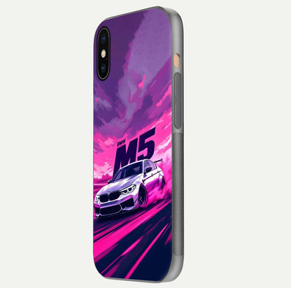 MS Neon Car Glass Case for iPhone Xs side-angle image showing glow reflection and car detailing