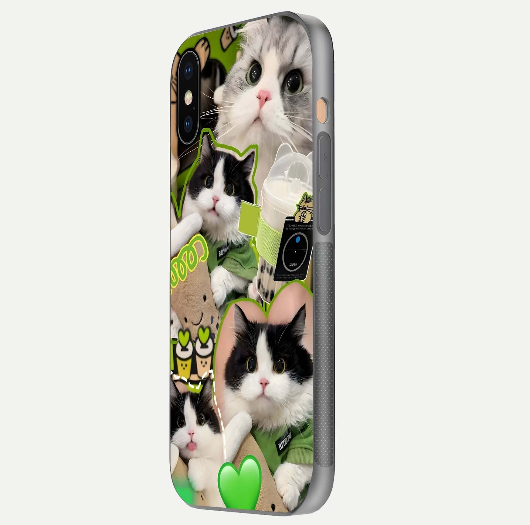 Matcha Cats Mood Glass Case for iPhone Xs side-angle image showing shine clarity and cat pattern charm