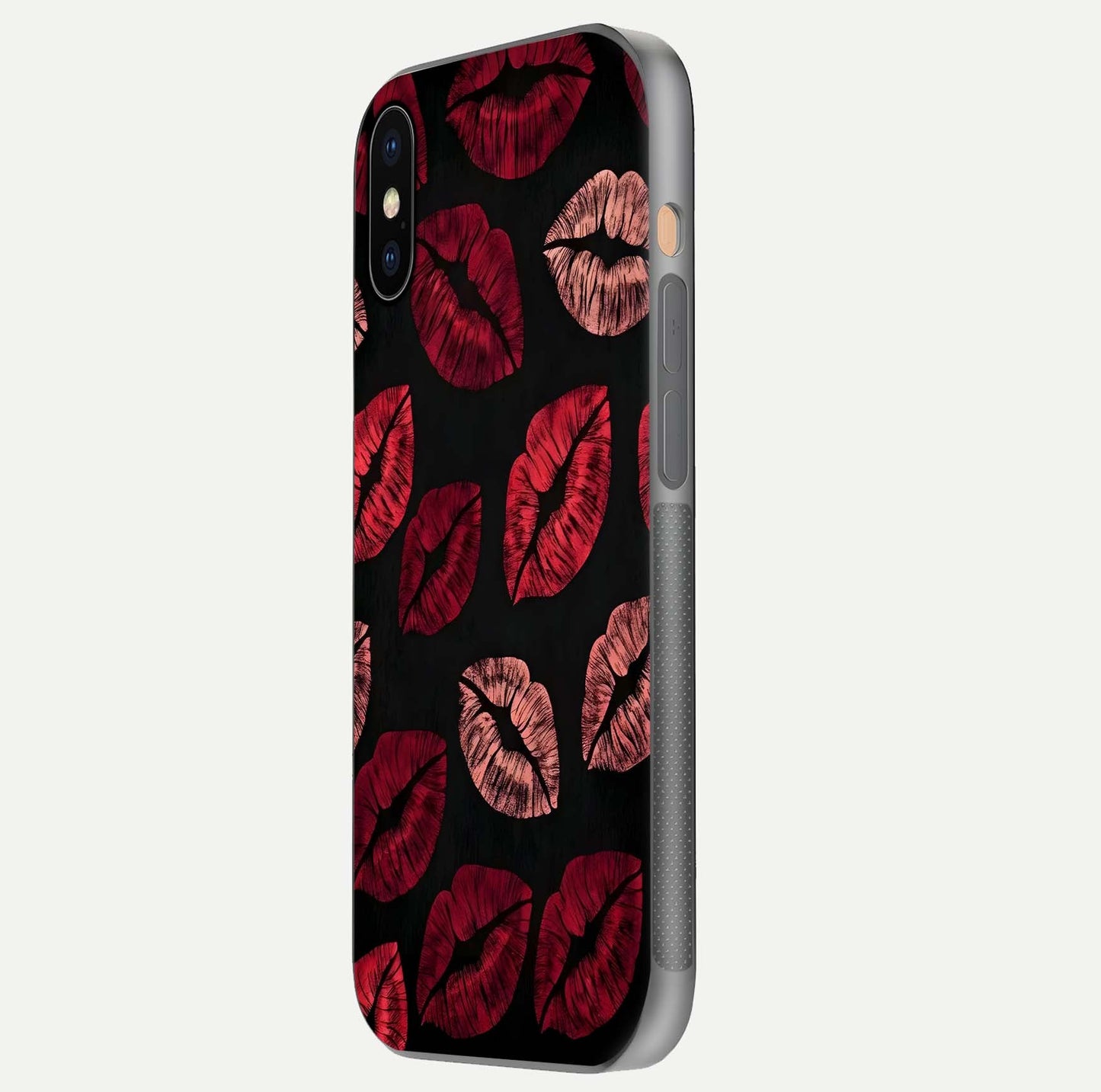 Midnight Kiss Love Glass Case for iPhone Xs side-angle image revealing gloss texture and deep love motif