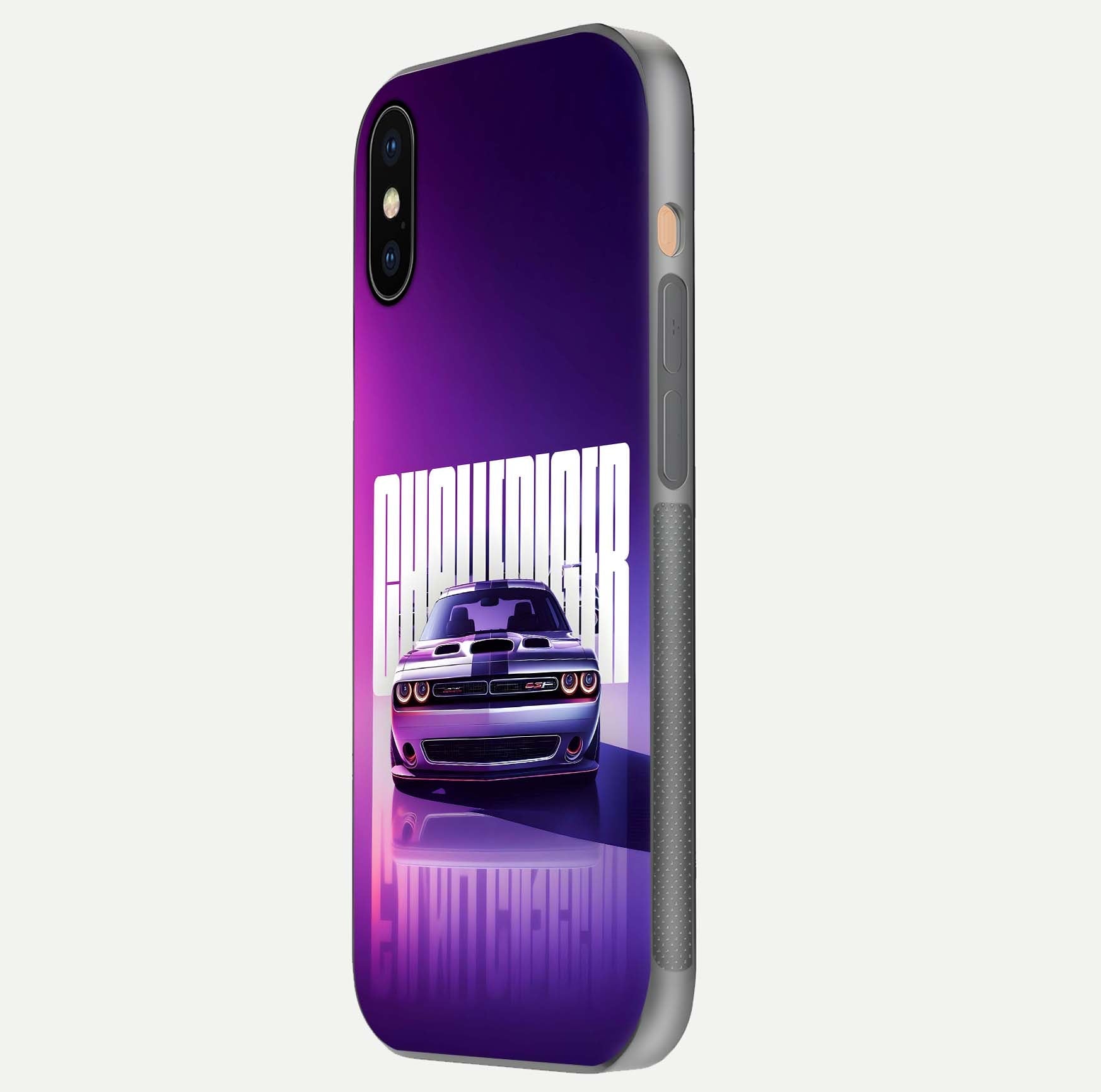 Midnight Muscle Ride Glass Case for iPhone Xs side-angle image showing reflection clarity and bold design