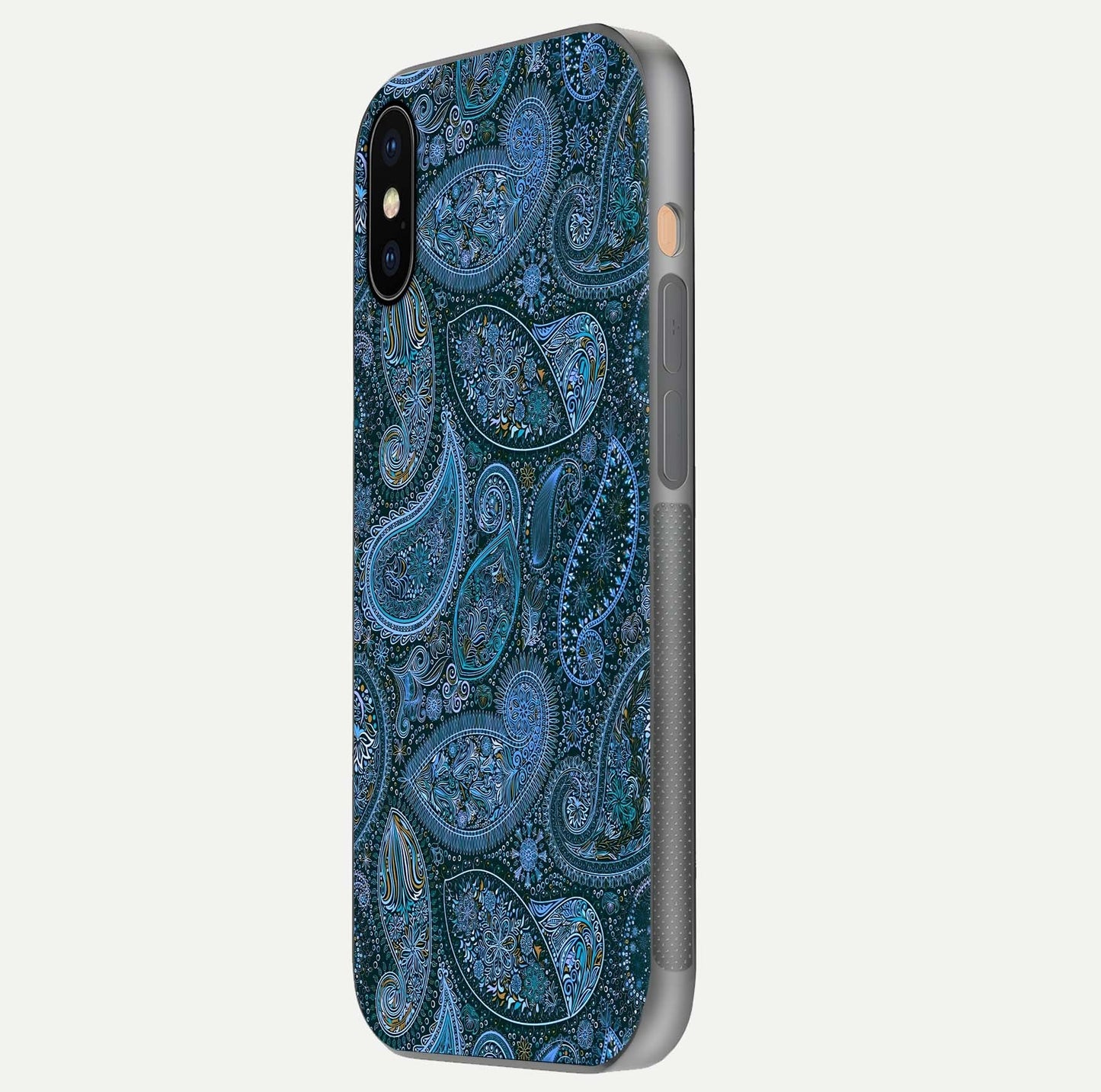 Midnight Paisley Glow Glass Case for iPhone Xs side-angle image revealing reflective gloss and paisley art