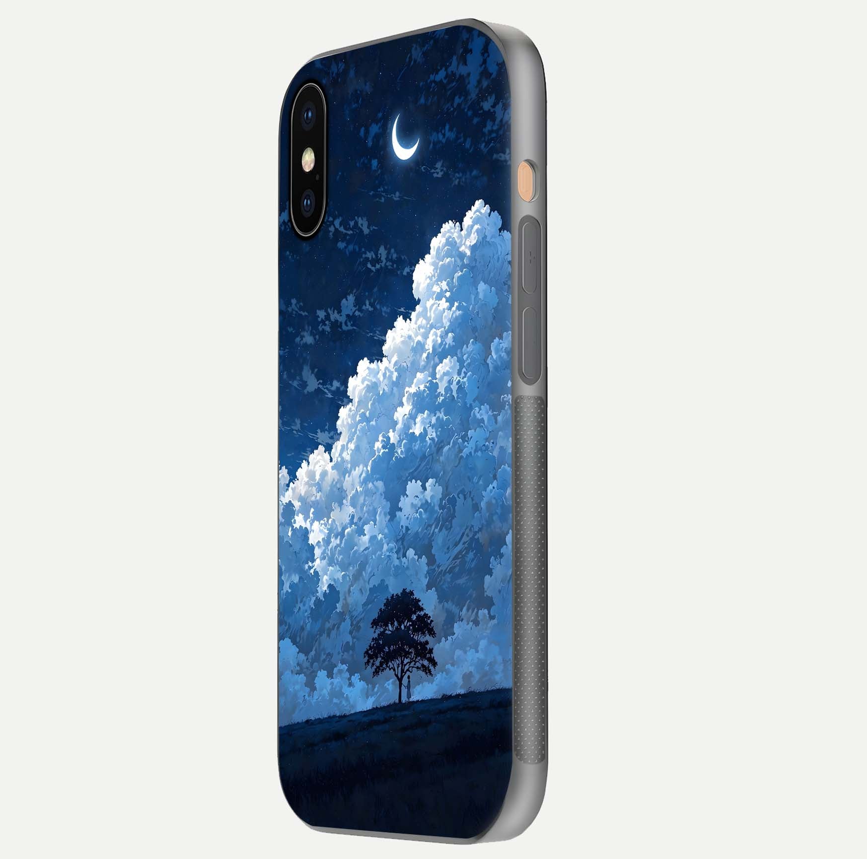 Midnight Sky Serenity Glass Case for iPhone Xs side-angle image showing soft glow and smooth reflection