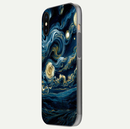 Midnight Sky Whirl Glass Case for iPhone Xs side-angle image showing reflection depth and galaxy pattern