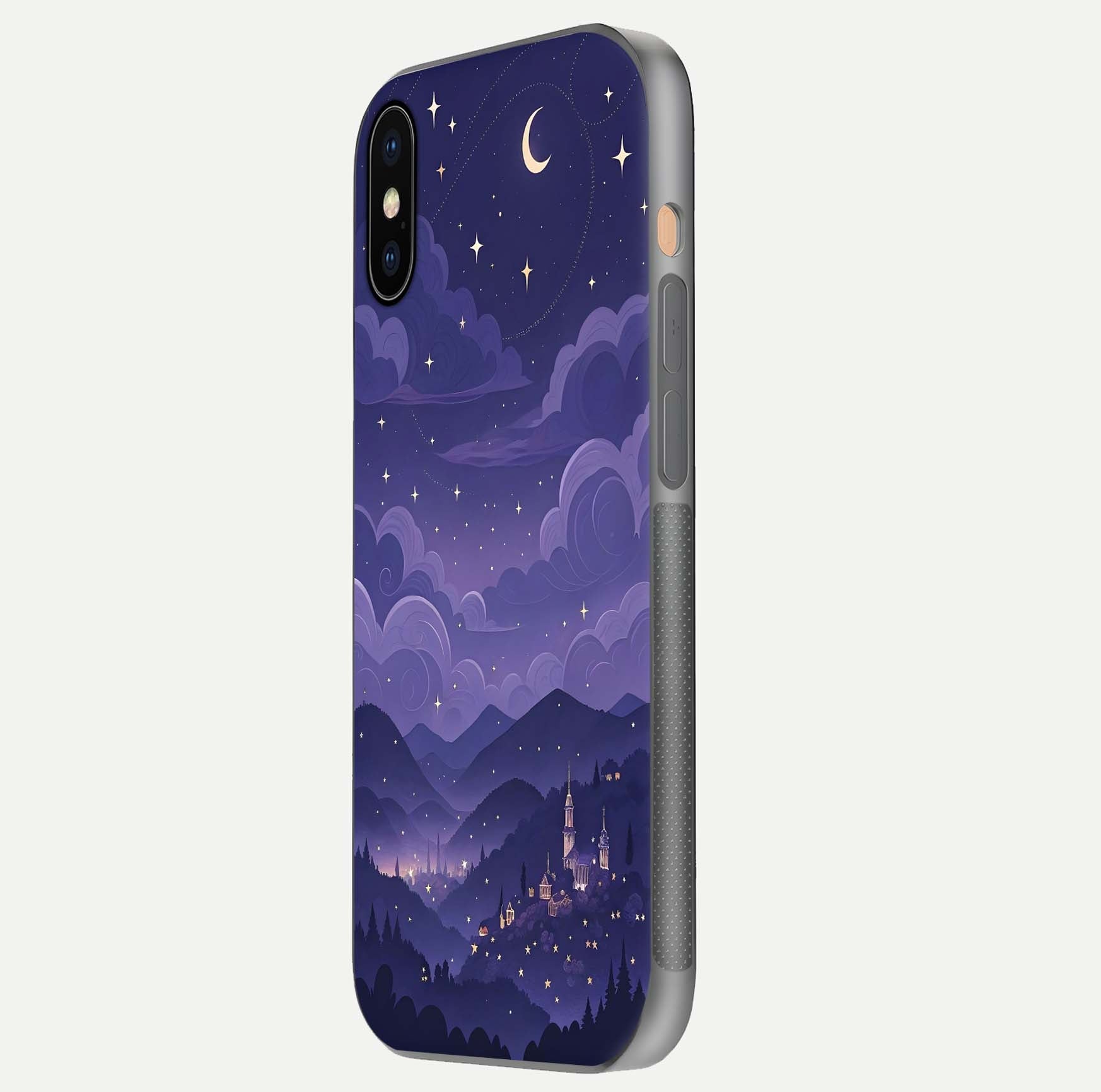 Minimal Night View Glass Case for iPhone Xs side-angle image showing subtle reflection and urban design
