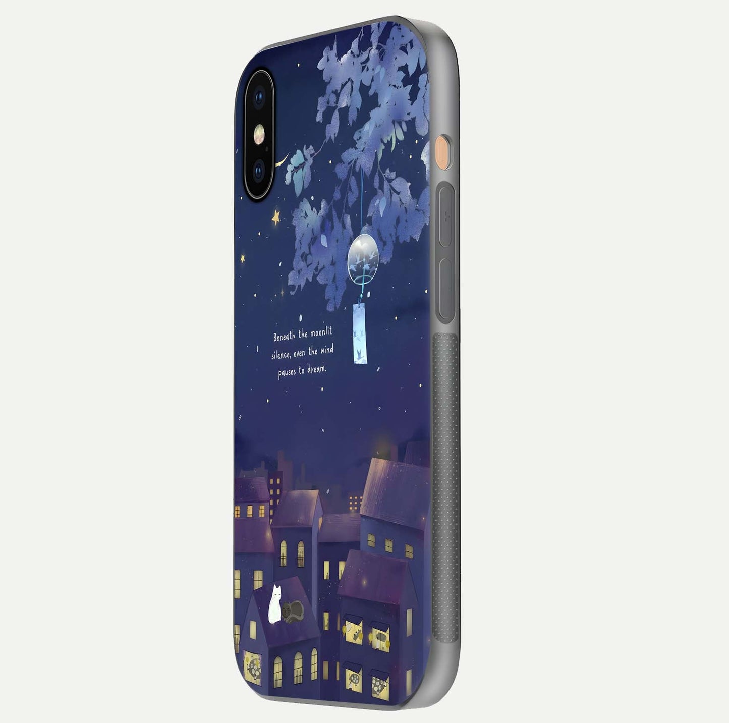 Moonlit Cat Silence Glass Case for iPhone Xs side-angle image showing HD gloss and feline artwork detail