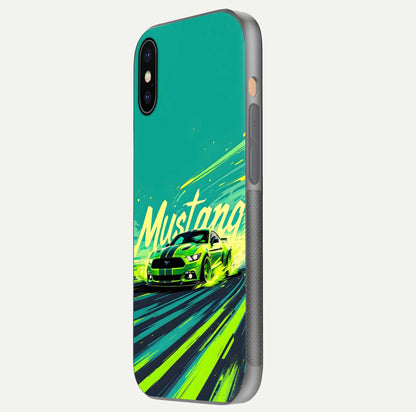 Mustang Bang Glass Case for iPhone Xs side-angle image showing reflection clarity and bold car artwork