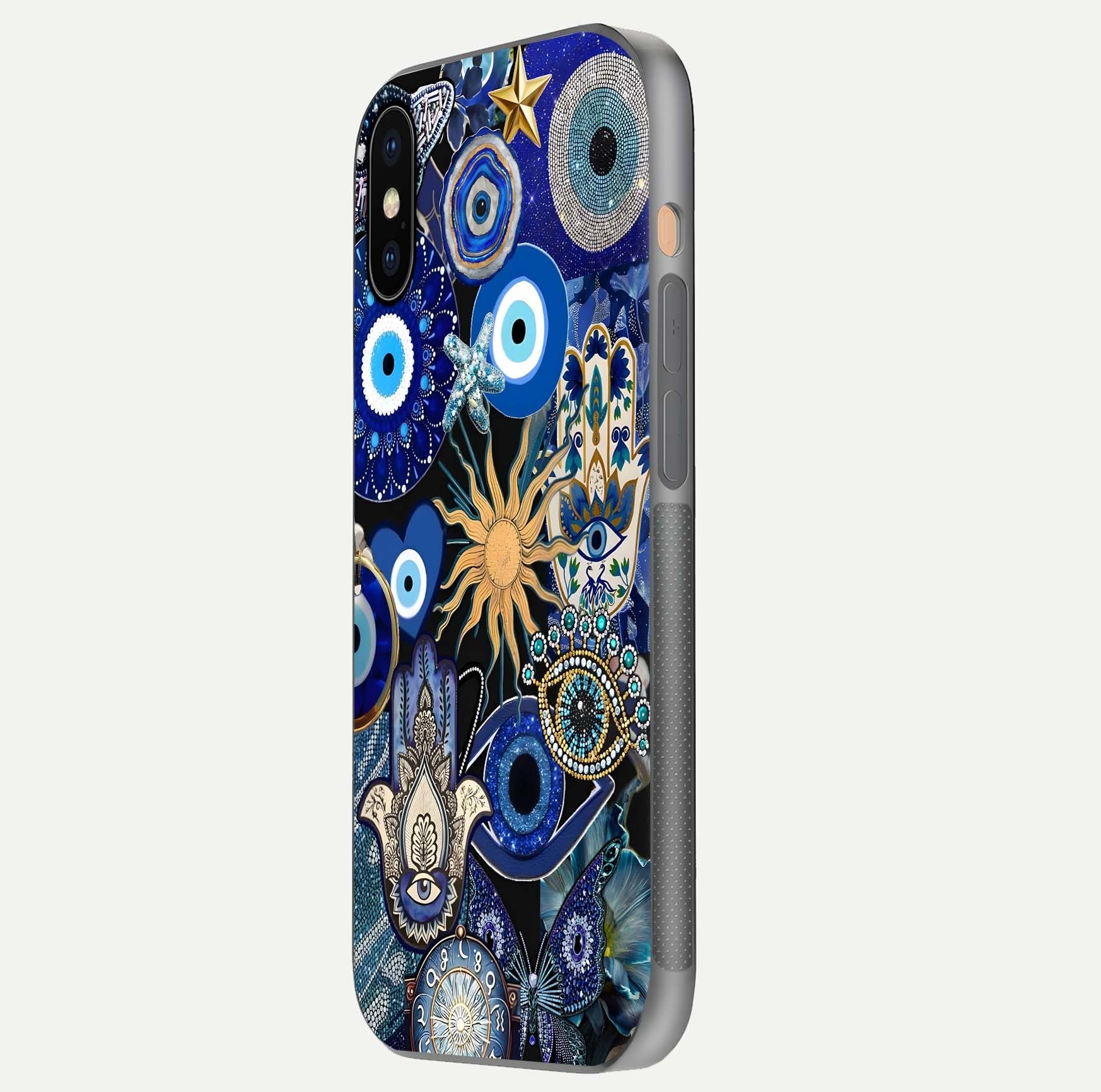 Mystic Blue Evil Eye Glass Case for iPhone Xs side-angle image showing smooth gloss and charm design