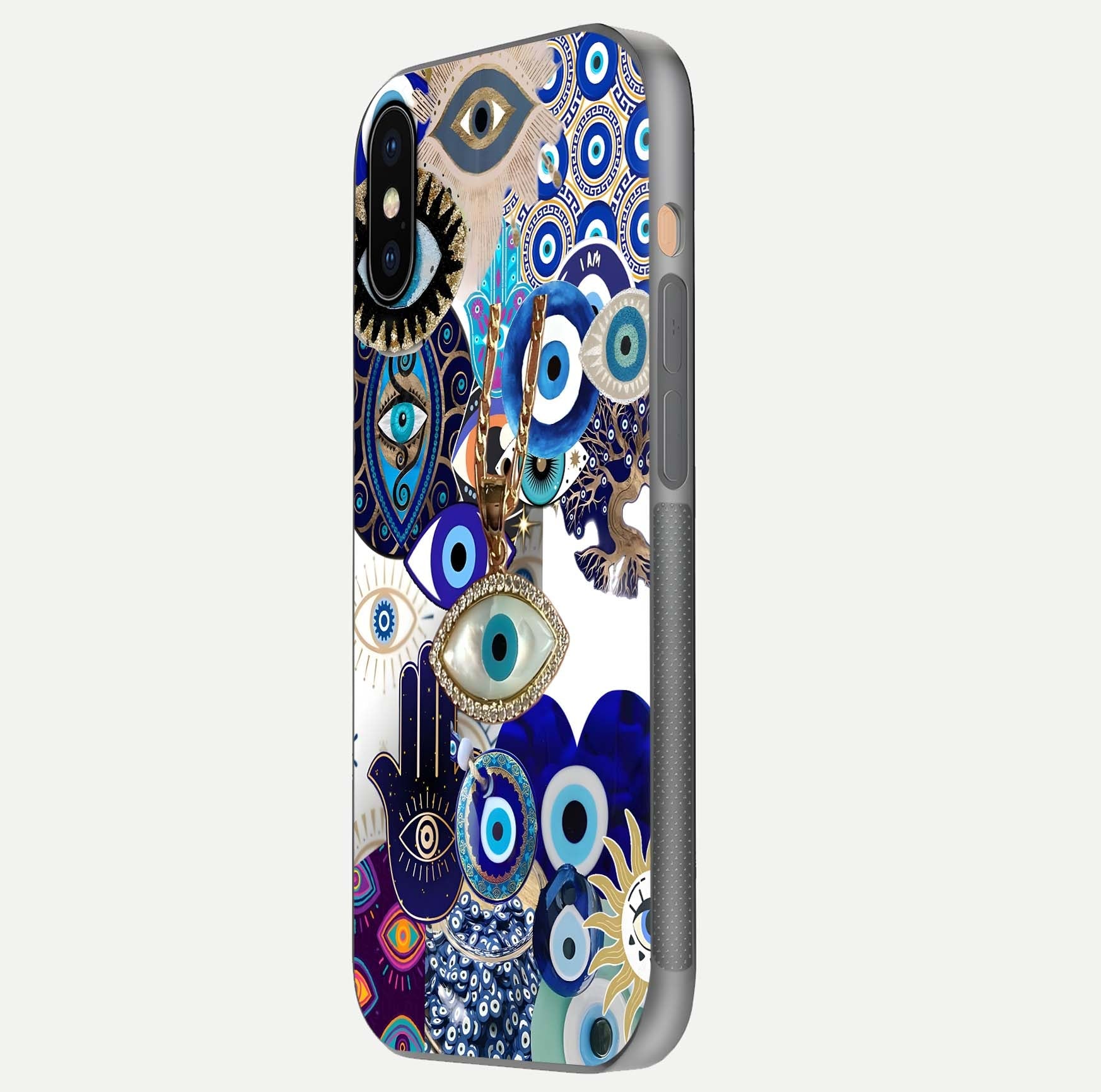 Mystic Charm Eye Glass Case for iPhone Xs side-angle image showing HD reflection and sacred tone