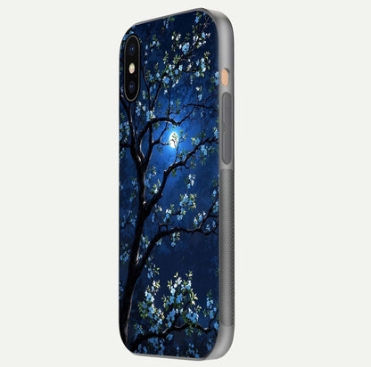 Mystic Floral Night Glass Case for iPhone Xs side-angle image showing gloss surface and midnight floral tones