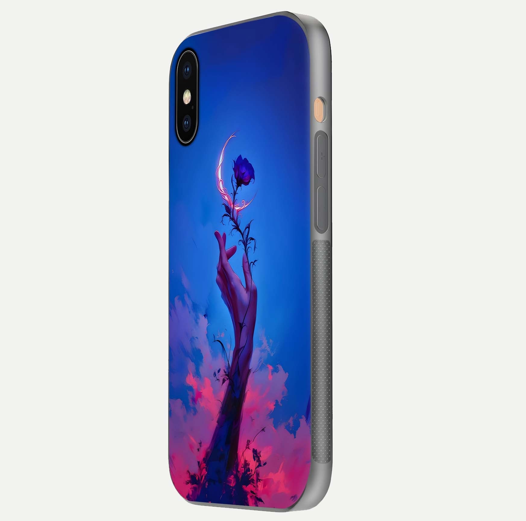 Mystic Hand Glass Case for iPhone Xs side-angle image showing reflection depth and sacred aesthetic