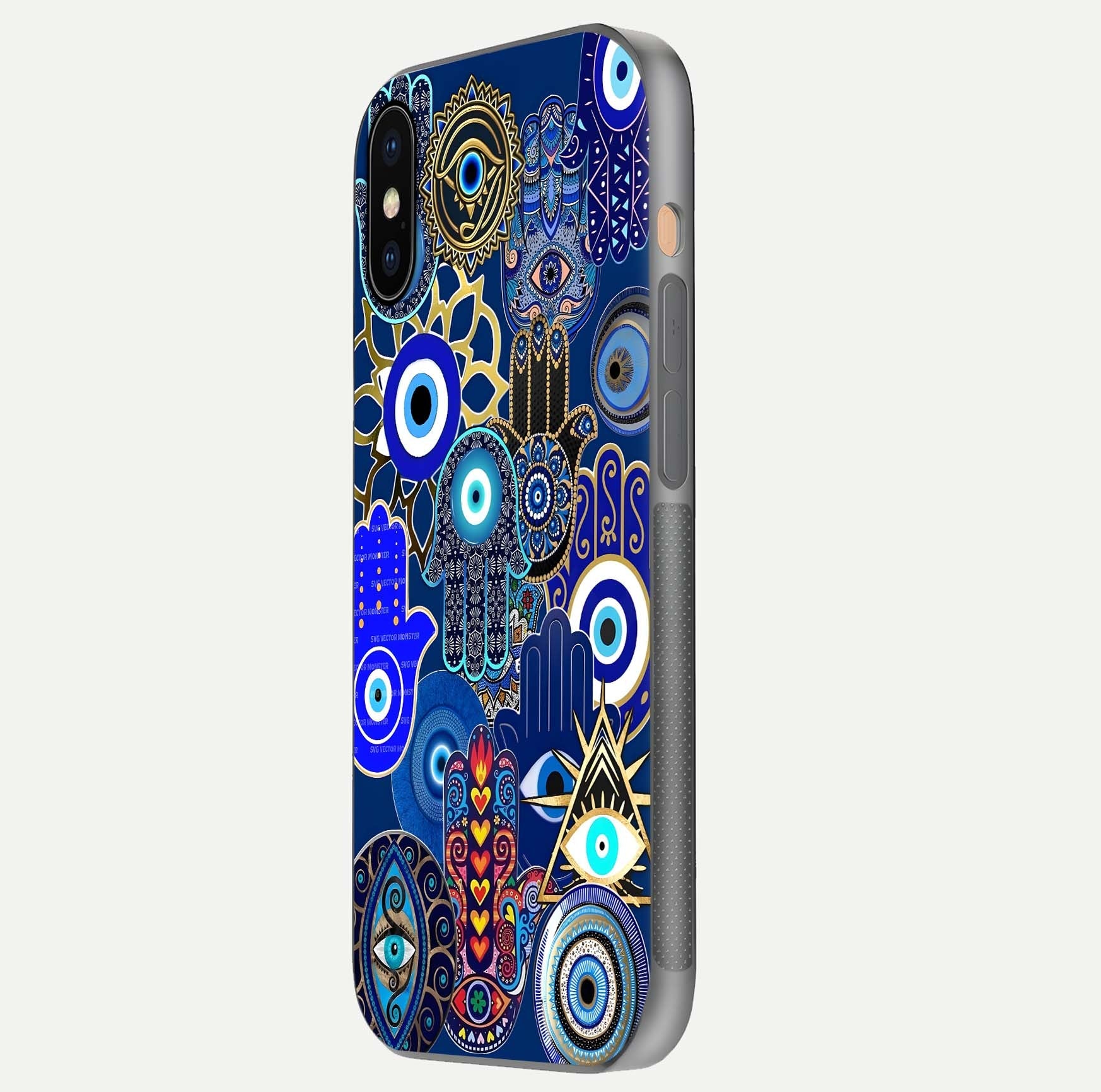 Mystic Palm Guard Glass Case for iPhone Xs side-angle image showing shine depth and sacred motif