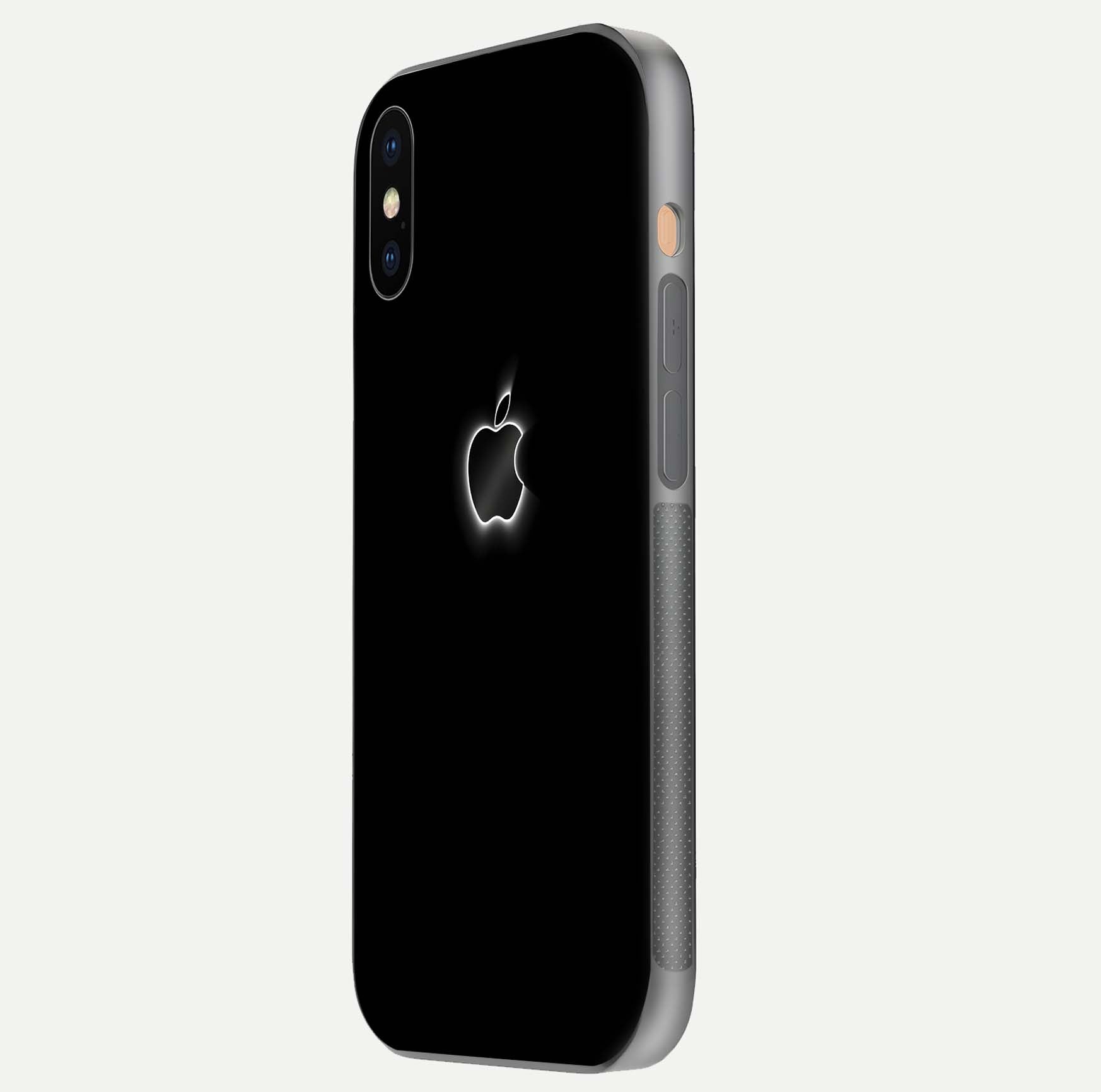Neon Apple Glow Glass Case for iPhone Xs side-angle image showing light reflection and glow effect