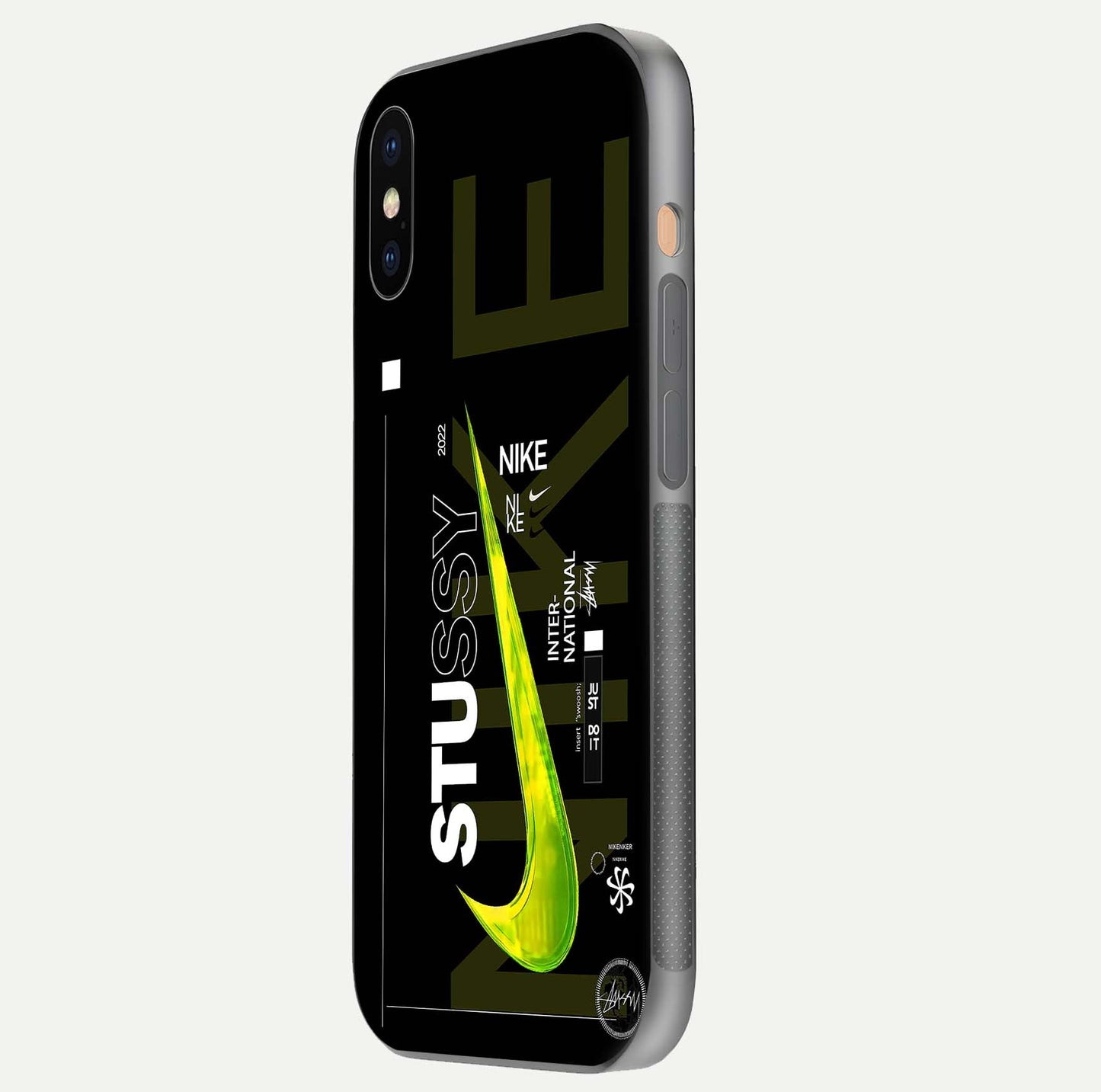 Neon Street Edition Glass Case for iPhone Xs side-angle image showing reflection depth and modern tones