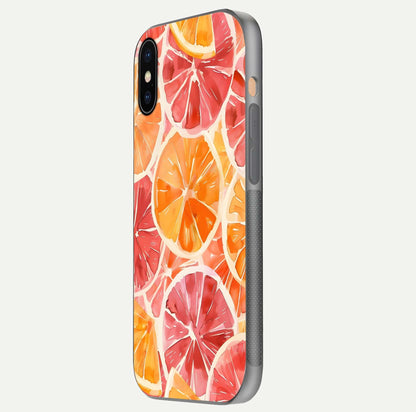 Orange Fruits Pattern Glass Case for iPhone Xs side-angle image showing glossy shine and citrus pattern