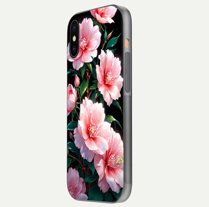 Peach Flower Glass Case for iPhone Xs side-angle image showing gloss depth and peach blossom detail